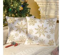 Lewondr 18 x 18 Inches Pack of 2 Christmas Throw Pillow Covers, Soft Velvet Decorative Square Throw Pillow Cases with Embroidery Snowflakes Cute Pillowcases for Christmas Decor Bed Sofa Couch, White