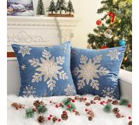 Lewondr 18 x 18 Inches Pack of 2 Christmas Throw Pillow Covers, Soft Velvet Decorative Throw Pillow Cases with Embroidery Snowflakes for Couch Sofa Square Pillow Covers for Winter Holiday, Blue