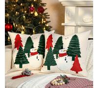 Lewondr 18x18 Christmas Pillow Covers Set of 2, Canvas Christmas Throw Pillows Covers with Snowmen Embroidery and Faux Fur Christmas Trees, Decorative Pillow Covers for Holiday Sofa Living Room Car