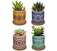 Lewondr 4 Pack Succulent Plant Pots, 2.8 Inch Ceramic Mini Flower Pots Planter with Bamboo Tray for Small plants Flowers Cactus, Home decorations Décor - Mandala, Colorful