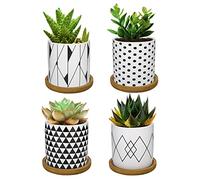 Lewondr 4 Pack Succulent Plant Pots, 2.8 Inch Ceramic Mini Flower Pots Planter with Bamboo Tray for Small plants Flowers Cactus, Home decorations Décor - Geometry 02, Black & White
