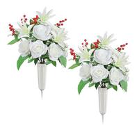 Lewondr Artificial Cemetery Flowers with Vase, 2 Sets Outdoor Grave Decorations UV Resistant Silk Rose Lily Bouquet Graveyard Memorial Flowers for Cemetery Headstones Decoration, White