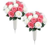 Lewondr Artificial Cemetery Flowers with Vase, 2 Sets Outdoor Grave Decorations UV Resistant Silk Roses Bouquet Graveyard Memorial Flowers for Cemetery Headstones Decoration, White Pink