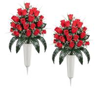 Lewondr Artificial Cemetery Flowers with Vase, 2 Sets Outdoor Grave Decorations UV Resistant Silk Rose Bouquet Graveyard Memorial Flowers for Cemetery Headstones Decoration, Red