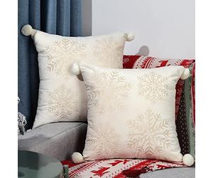 Lewondr Christmas Cushion Covers, 18"x18" Square Snowflake Embroidery Soft Velvet Throw Pillow Cases Xmas Holiday Home Decoration Pillowcases, White&Gold