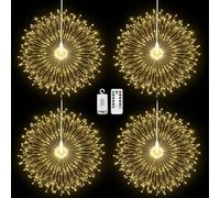 Lewondr Christmas Firework Lights, 4 Pack Hanging Fairy Light with Remote, 210 LED Lights, 8 Modes, Waterproof Firework Starburst String Light for Outdoor Indoor Home Decor, Warm White