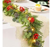 Lewondr Christmas Garland with Lights, 6FT 20 Warm LED Garland Lights Battery Operated with Timer, Christmas Decorations Indoor for Stairs Railing Fireplace Mantel, Artificial Eucalyptus Garland