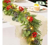 Lewondr Christmas Garland with Lights, 9FT 30 Warm LED Garland Lights Battery Operated with Timer, Christmas Decorations Indoor for Stairs Railing Fireplace Mantel, Artificial Eucalyptus Garland