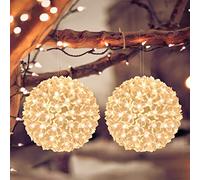 Lewondr Christmas Lights Ball, 2 Pack Battery Powered Cherry Blossom Sphere Light Decorative Lighted Balls, Hanging Ornament with 100 Bulbs for Xmas Party Wedding Home with Timer Function, Warm White