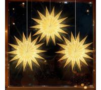 Lewondr Christmas Paper Star Lantern 3 Pack, Hanging Fourteen-Pointed Star Lights with Remote Control, LED Paper Lanterns with 6H Timer for Holiday Home Decoration, 21.65×21.65×1.97 Inch, Warm Light