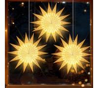 Lewondr Christmas Paper Star Lantern 3 Pack, Unique Fourteen-Pointed Star Light with Remote Control, LED Paper Lanterns with 6H Timer for Holiday Home Decoration, 21.65 × 21.65 × 1.97 Inch, Warm Light