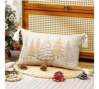 Lewondr Christmas Pillow Cover, 12x20 Inch 1PCS Soft Canvas Embroidery Trees Brown White Decorative Pillow Cover with Tassel Luxury Throw Pillow Case for Bed Home Decor Living Room, Beige