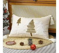 Lewondr Christmas Pillow Covers, 12x20 Inch 1PCS Soft Cute Pellet Velvet Embroidery Trees Brown White Decorative Lumbar Pillow Cover with Tassel Luxury Throw Pillow Case for Bed Home Decor Living Room