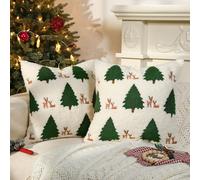 Lewondr Christmas Pillow Covers 18x18 inch, 2 Pack Christmas Throw Pillow Covers with Reindeer Embroidery, Soft Velvet Xmas Tree Pillows Cover for Living Room Couch Sofa Bed Home Decoration, Beige
