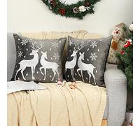 Lewondr Christmas Pillow Covers, Xmas Reindeer Embroidery Decorative Cushion Covers 18 x18 Soft Velvet Pillowcase 2Pack for Holiday Home Christmas Decor Luxurious Sofa Cushions, Gray