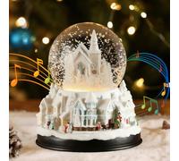 Lewondr Christmas Snow Globe with Music and Light, Town Base and White Home Electric Snow Globe with Swirling Snowflake & 8 Songs, Battery & USB Powered Water Globe, Home Xmas Decoration Gift