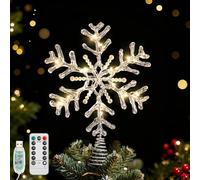 Lewondr Christmas Snowflake Tree Topper, 12.2'' Glittered Epoxy Tree Topper with Pearl and 20 LED Bulbs, 6 Hrs Timer and 8 Modes USB Remote Control, Christmas Treetop for Decor Home Holiday, Silver