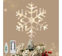 Lewondr Christmas Snowflake Tree Topper, 12.2'' Glittered Epoxy Xmas Tree Topper with 20 LED Bulbs, 6 Hrs Timer and 8 Modes USB Remote Control, Christmas Treetop Decor for Home Holiday, Silver