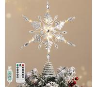 Lewondr Christmas Snowflake Tree Topper, 12.2'' Glittered Xmas Tree Topper with Pearl Gem, 30 LED Bulbs, 6 Hrs Timer and 8 Modes USB Remote Control, Christmas Treetop Decor for Home Holiday, White