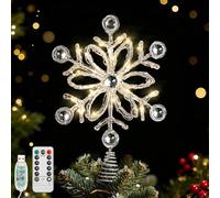 Lewondr Christmas Snowflake Tree Topper, 13'' Glittered Epoxy Xmas Tree Topper with Diamond, 20 LED Bulbs, 6 Hrs Timer and 8 Modes USB Remote Control, Christmas Treetop Decor for Home Holiday, Silver