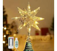 Lewondr Christmas Star Tree Topper, 3D Geometric Star USB Powered Remote Controlled Treetop with LED Light Beads for Home Xmas Tradition Moravian Decor 6H Timer Function 5m Cable, Champagne Gold