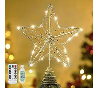 Lewondr Christmas Star Tree Topper, USB Powered Remote Controlled 11.8 Inch Xmas Tree Star Topper with Lights and Beads, Tree Toppers Christmas Decorations Xmas Tree Holiday Party, Silver
