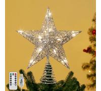 Lewondr Christmas Star Tree Topper with Lights and Sequins, Silver | 11.4" Remote Control & USB Powered Metal Traditional Star Treetop for Christmas Decoration, 6H Timer & 8 Light Modes, 20 LED