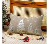 Lewondr Christmas Throw Pillow Cover, 1 Pack 12 x 20 Inch Silver Christmas Trees Embroidery Throw Pillow Case, Punk Style Faux Linen Decorative Pillow Cover for Bed Home Decor Living Room