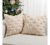 Lewondr Christmas Throw Pillow Cover 18x18, 2 Pack Super Soft Faux Fur Pillow Covers Velvet Christmas Tree Embroidery Decorative Throw Pillowcase for Living Room Bed Couch Sofa Car Home Decor, Oatmeal