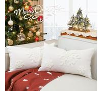 Lewondr Christmas Throw Pillow Cover, 2 Pack Snowflake Embroidery Decorative Throw Pillow Case Linen Sofa Cushion Cover for Party Thanksgiving Day Xmas Decor 12"x20"(30x50cm) - White