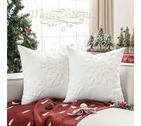 Lewondr Christmas Throw Pillow Cover, 2 Pack Snowflake Embroidery Decorative Throw Pillow Case Linen Sofa Cushion Cover for Party Thanksgiving Day Xmas Decor 20"x20"(50x50cm) - White