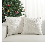 Lewondr Christmas Throw Pillow Cover, 3D Tree Reindeer, White, 18x18, 2Pack | Super Soft Faux Fur, Velvet on The Back, Square Throw Pillowcase, For Living Room Bed Sofa Home Decor
