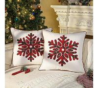 Lewondr Christmas Throw Pillow Covers 18x18 Inch Set of 2, Snowflake Embroidered Cozy Canvas Square Decorative Throw Pillow Cover Red Plaid Pillow Cases for Holiday Sofa Couch Bedroom Living Room Car