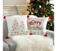 Lewondr Christmas Throw Pillow Covers, 2 Pack Snowflake Christmas Tree Embroidery 18x18 Pillowcases Home Xmas Decorative Soft Cushion Covers for Sofa Bed Chair