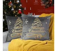 Lewondr Christmas Throw Pillow Covers, Christmas Tree Embroidery Hot Stamping Pattern Dutch Velvet Pillowcases Home Xmas Decorative Cushion Covers Soft for Sofa Bed Chair, 2 Pack, Dark Gray