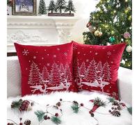 Lewondr Christmas Throw Pillow Covers Set of 2, 18 x 18 Embroidered Snowflakes Reindeer Xmas Tree Snowing Winter Throw Pillow Case Soft Cozy Velvet Decorative Square Pillowcase for Sofa Couch, Red