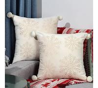 Lewondr Christmas Throw Pillow Covers with Snowflake 18x18, White&Yellow | Velvet Texture, Exquisite Embroidery Designs, Pom-poms Designed, Home Xmas Gold Decorative, 2 Pack, Soft for Sofa Bed Chair