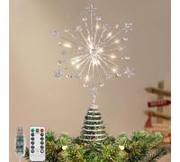 Lewondr Christmas Tree Topper, 13'' Metal Twinkly Xmas Starburst Tree Topper with 20 LED Bulbs, USB Powered Lighted Star Treetop for Christmas Ornament, Remote Control, 6H Timer, 8 Light Modes, Silver