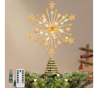 Lewondr Christmas Tree Topper, 13'' Metal Twinkly Xmas Starburst Tree Topper with 20 LED Bulbs, USB Powered Lighted Star Treetop for Christmas Ornaments, Remote Control, 6H Timer, 8 Light Modes, Gold