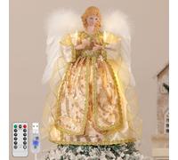 Lewondr Christmas Tree Topper Angel, 12'' Light Up Angel Tree Topper with Wings and Candle Light, 8 Modes and 6 Hrs Timer USB and Remote Operated Sequinned Christmas Decor for Holiday Home Decor, Gold