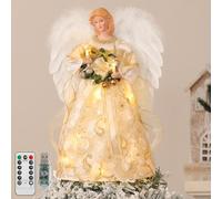 Lewondr Christmas Tree Topper Angel, 12'' Light Up Angel Tree Topper with Wings and Wreath, 8 Modes and 6 Hrs Timer USB and Remote Operated Christmas Decor for Holiday Home Decor, Light Yellow