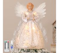 Lewondr Christmas Tree Topper Angel, 12" Lighted Angel Tree Topper with 8 Modes, 6H Timer Angel Figurine Christmas Tree Top Wings, Remote & USB Powered Xmas Decor for Tree Tabletop Home, Silver