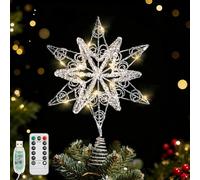 Lewondr Christmas Tree Topper Star, 14.57" Glittered Epoxy Xmas Tree Topper with 20 LED Bulbs, 6 Hrs Timer and 8 Light Modes USB Remote Control, Christmas Treetop Decor for Home Holiday, Silver