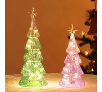Lewondr Glass Christmas Tree Lamps, 2 PCS Tabletop Mercury Small Tree with Lights, Built-in Batteries Operated Nightlight Xmas Decor for Table Fireplace Centerpiece Party Ornament, Green & Purple