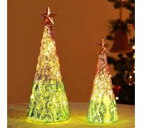 Lewondr Glass Christmas Trees, 2 PCS Tabletop Mercury Small Tree with Lights, Built-in Batteries Operated Christmas Table Lamps Ornament for Home Fireplace Centerpiece Xmas Decoration, Green & Gold