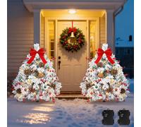 Lewondr Set of 2 Prelit Pathway Christmas Trees, 27.56" Outdoor Christmas Tree with 50 LED Lights, Pine Cones Red Berries, Battery Operated Outdoor Xmas Decor for Yard Home Porch, White Snowflake