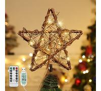 Lewondr Star Christmas Tree Topper, Vintage Rattan String Wood Christmas Tree Star Topper Light with LED Beads, Battery Operated Lighted Christmas Tree Topper for Xmas Tree, Wooden Color