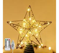 Lewondr Vintage Metal Beaded Christmas Star Tree Topper with Lights, Gold | 10.6" USB Powered and Remote Control Traditional Star Treetop for Home Christmas Decoration, Auto Timer and 8 Light Modes