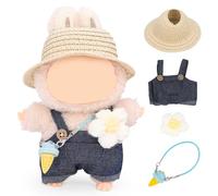 LEWOTE Clothes Set Compatible for Labubu Doll, Hat Suit Ornaments Accessories Set for 17cm/6.7inch Doll (Pocket Denim Overalls/Flowers/Khaki Straw Hat/Blue Cone)