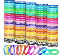 Lewtemi 100 Pcs Jesus Loves You Bracelet Bulk Silicone Christian Bracelet Colorful Rubber Wristbands Motivational Rubber Wristbands for Men Women Party Favors(Multicolor)